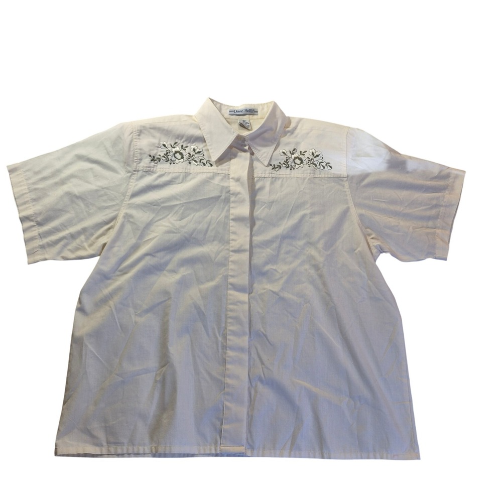 David Hollis Embroidered Floral Button Down Womens Size L Cream Cottagecore Boho